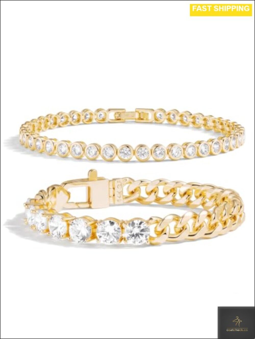 14K Gold Filled Bracelet Set Tennis & Cuban Link Stackable 6.5 Inch